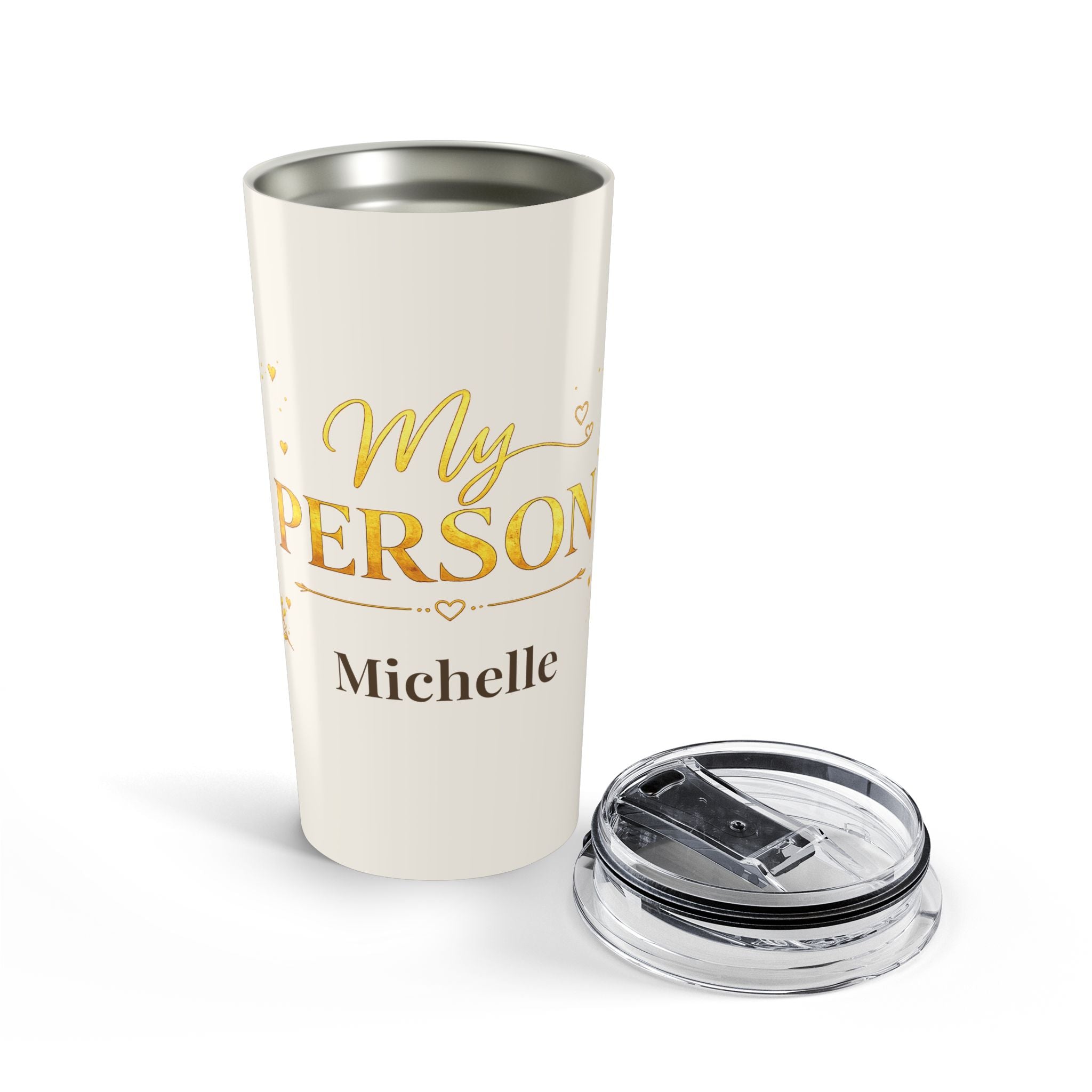 My Person gold tumbler styled on a table
