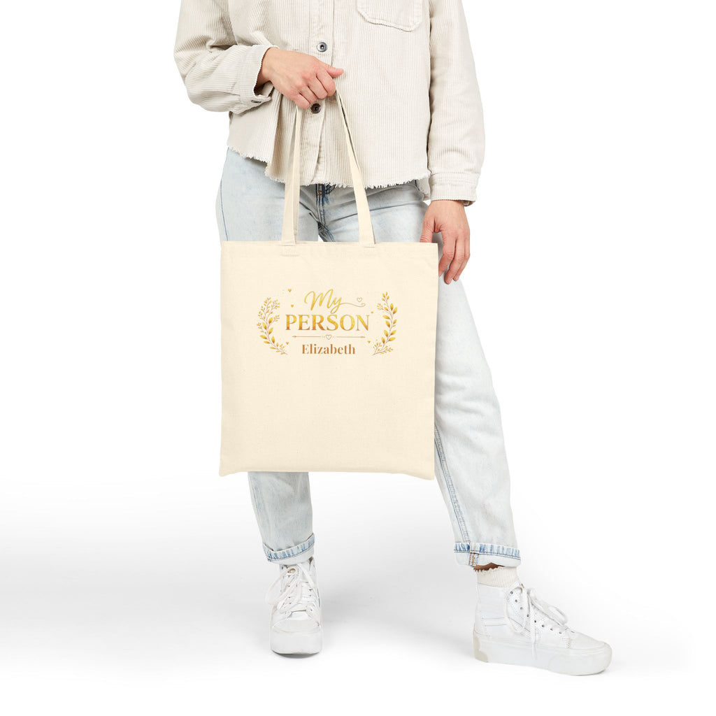 Close-up of My Person floral wreath design and custom name print on canvas tote