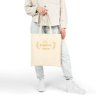Close-up of My Person floral wreath design and custom name print on canvas tote