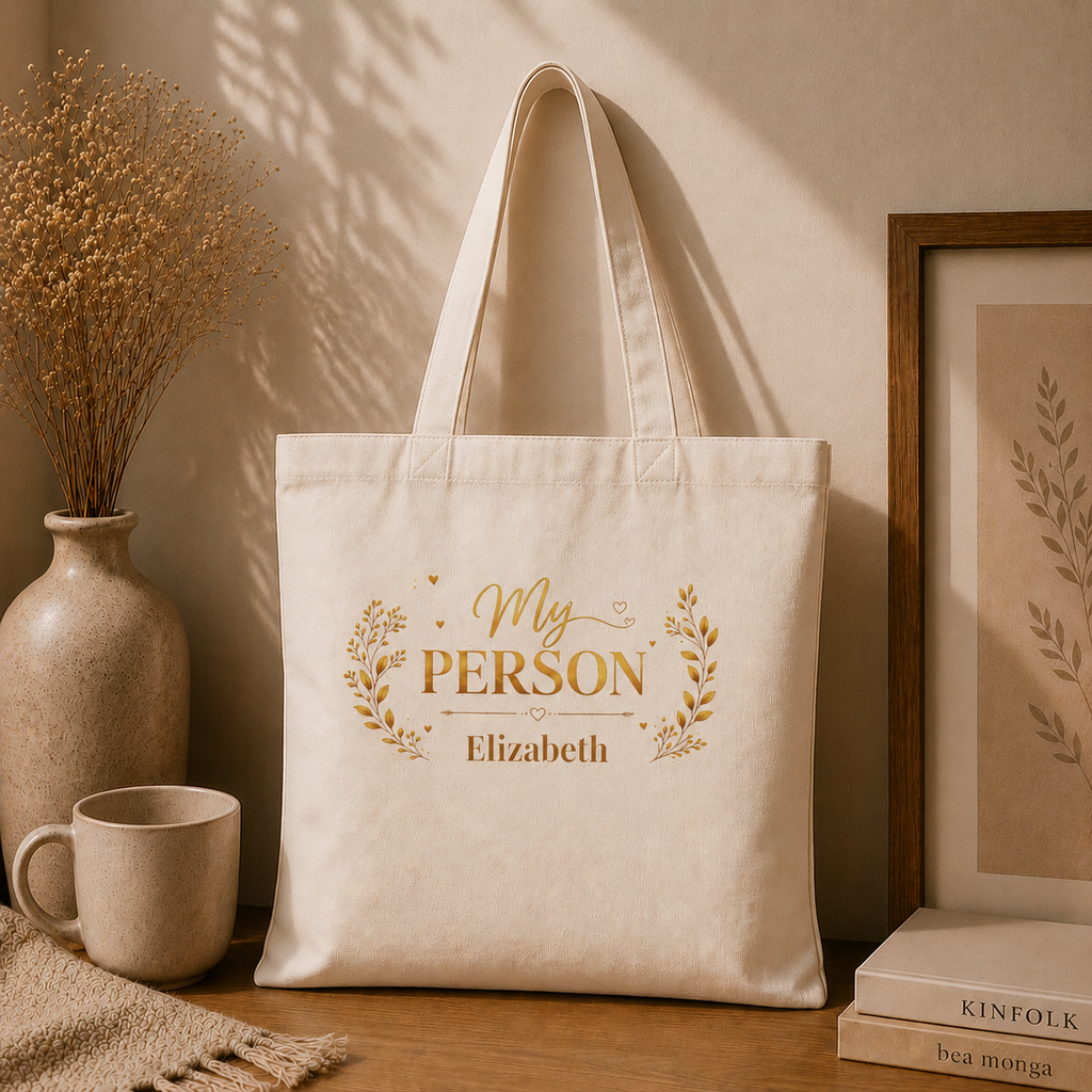 My Person personalized tote carried over the shoulder, lifestyle shot