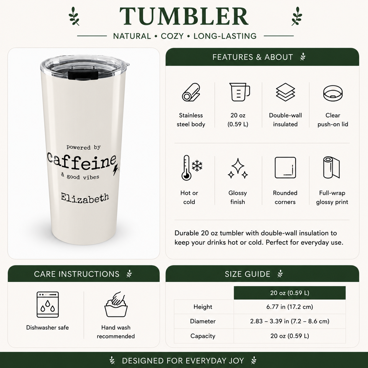 Back angle of Powered by Caffeine tumbler design