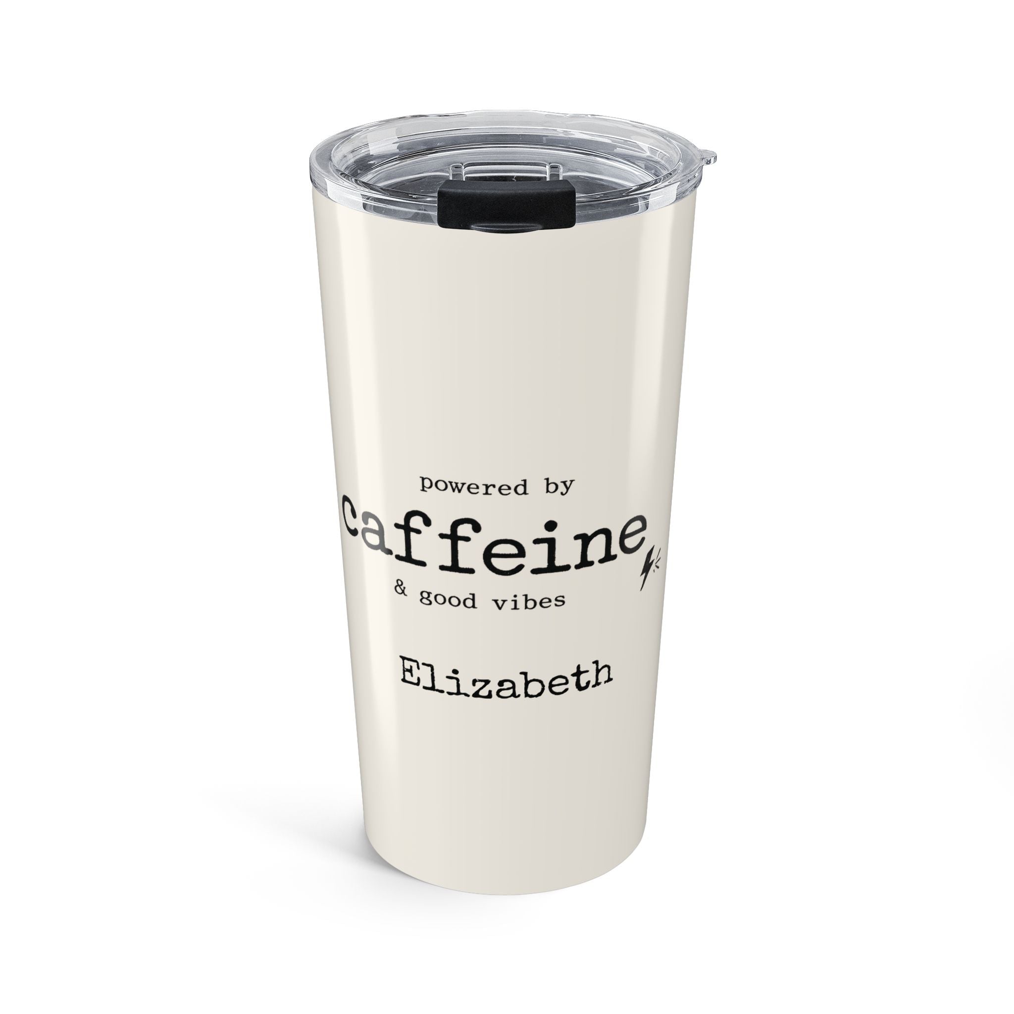 Personalized Powered by Caffeine & Good Vibes tumbler with custom name