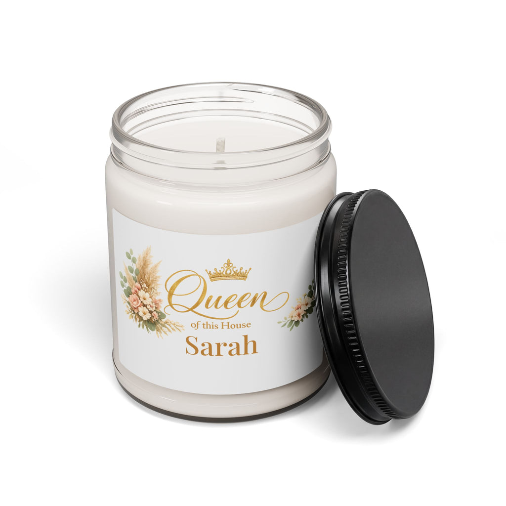 Close-up of the Queen of this House candle label showing the custom name detail