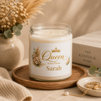 Personalized Queen of the House candle shown on a vanity as part of home decor
