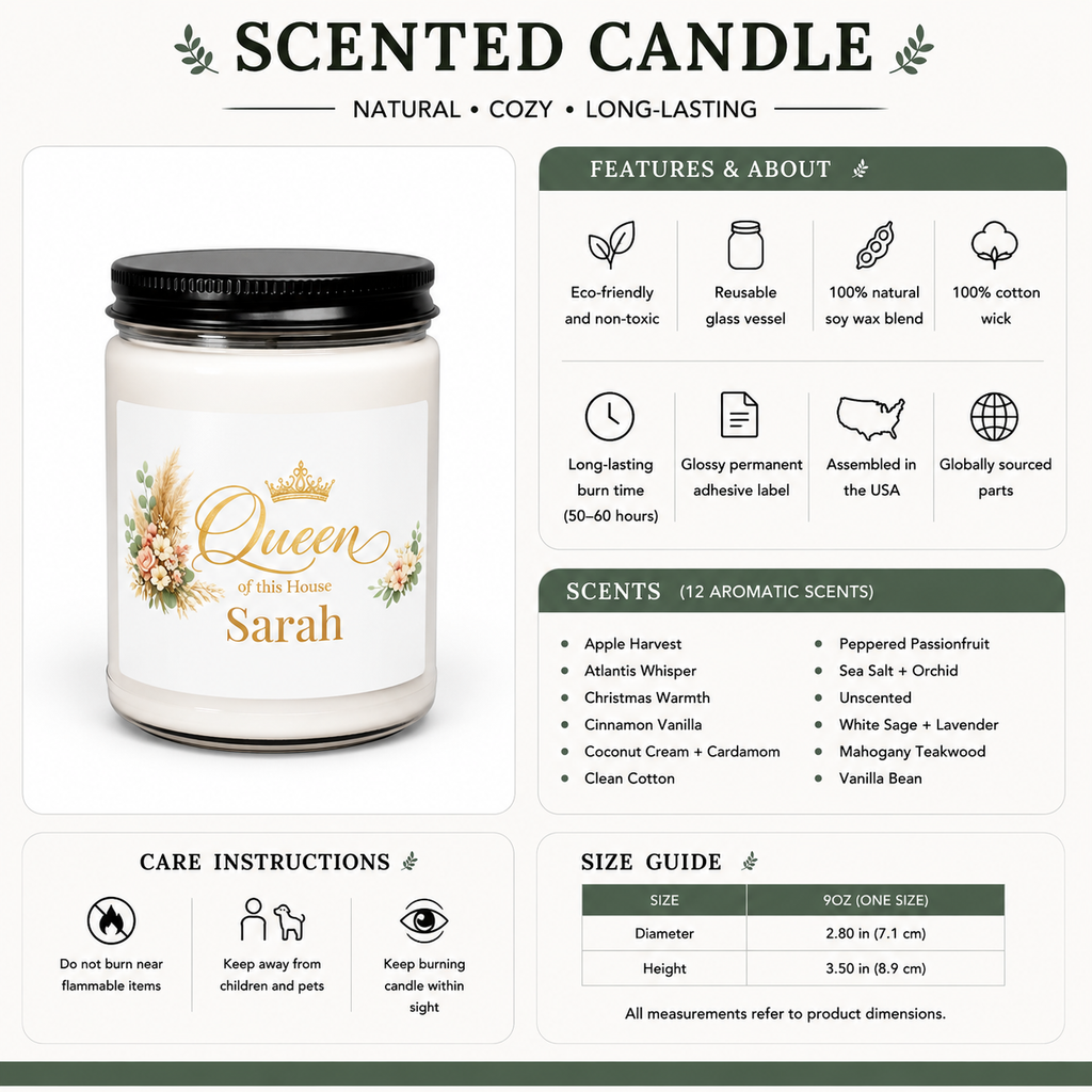 Personalized Queen of the House candle lit, showing the soft glow of the flame