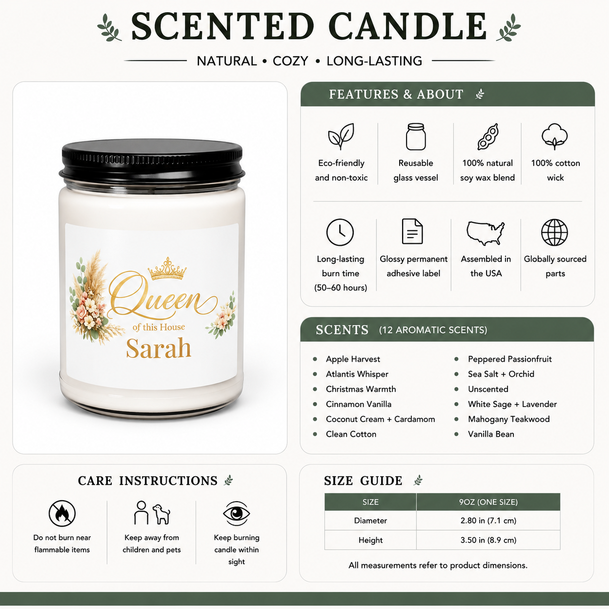 Personalized Queen of the House candle lit, showing the soft glow of the flame