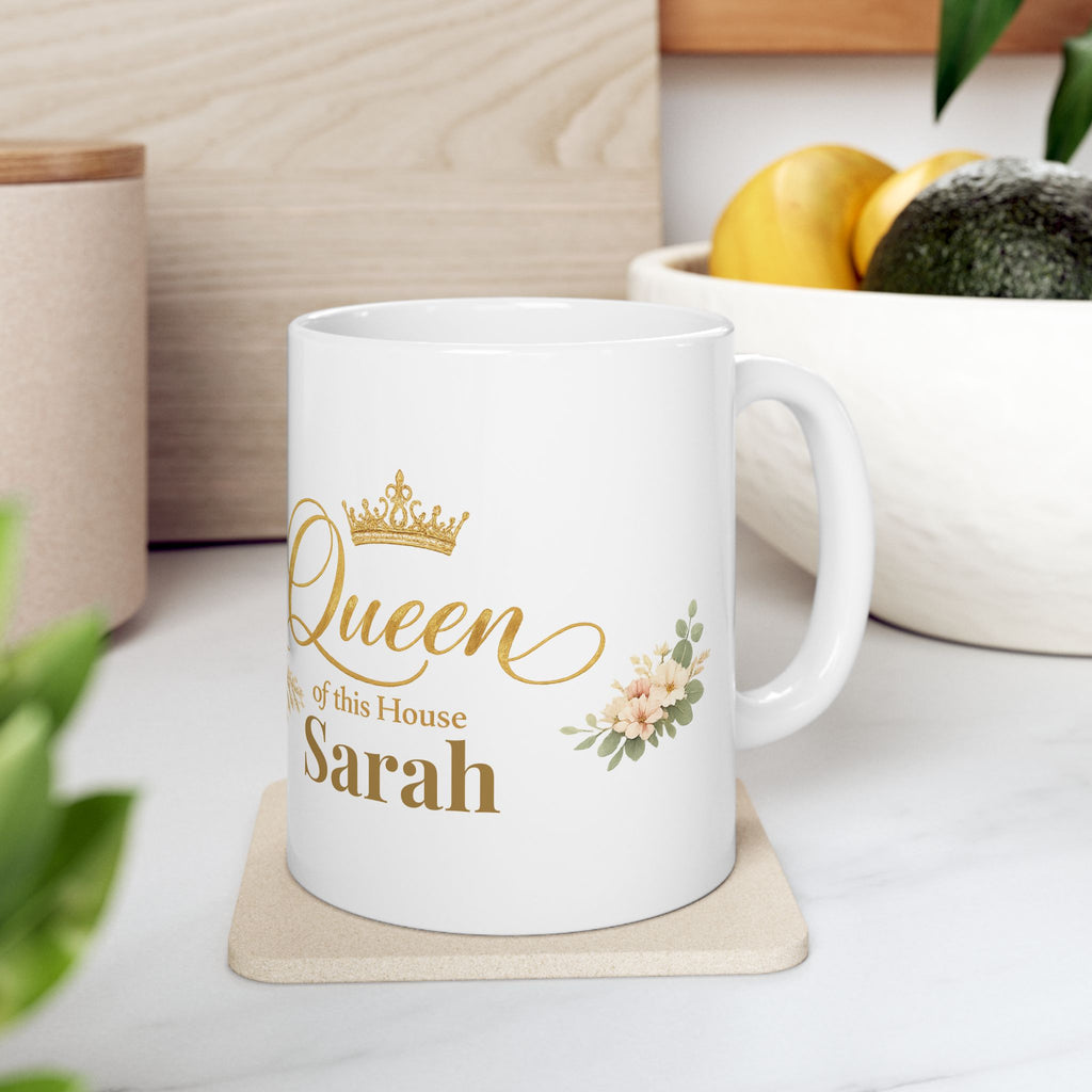 Back view of the personalized Queen of This House mug