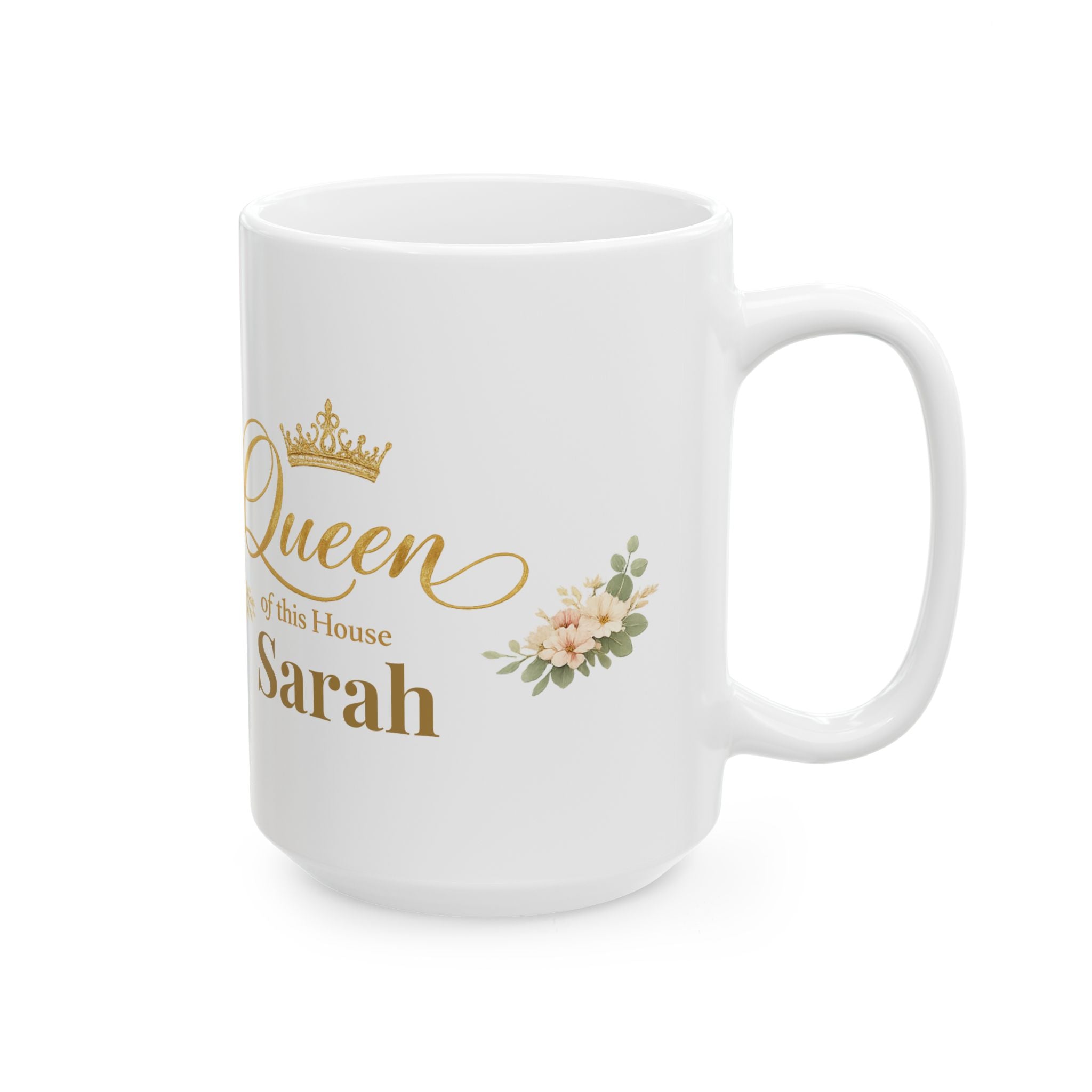 Personalized Queen of This House mug displayed on a kitchen counter