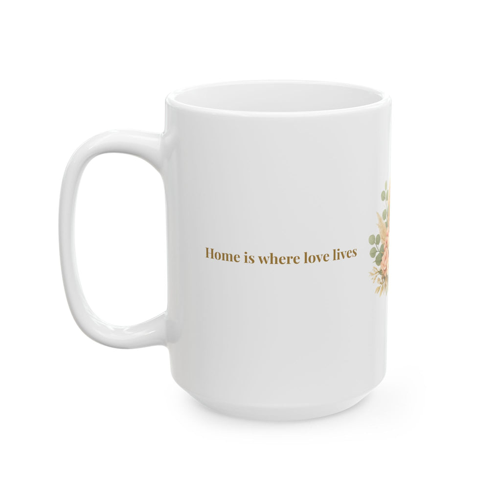 Personalized Queen of This House mug styled on a table with flowers
