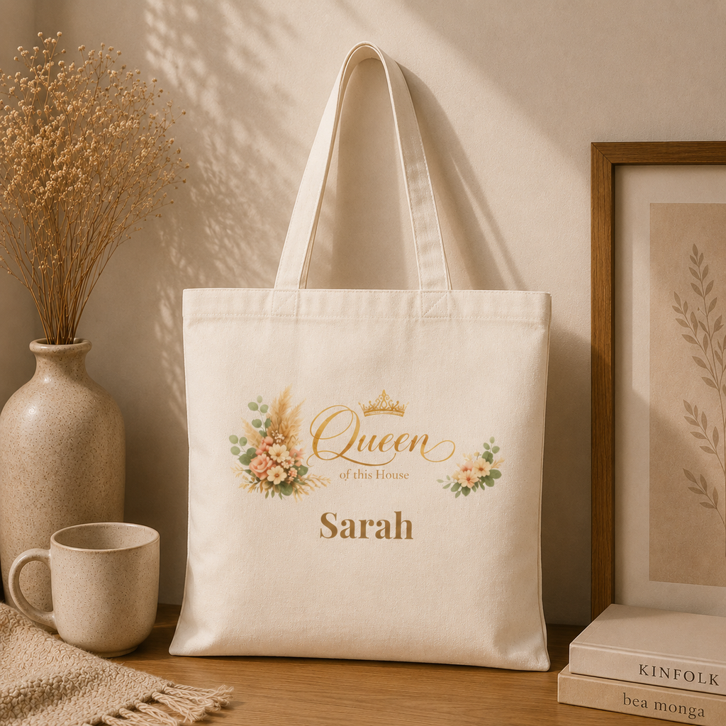 Queen of this House personalized tote carried over the shoulder, lifestyle shot