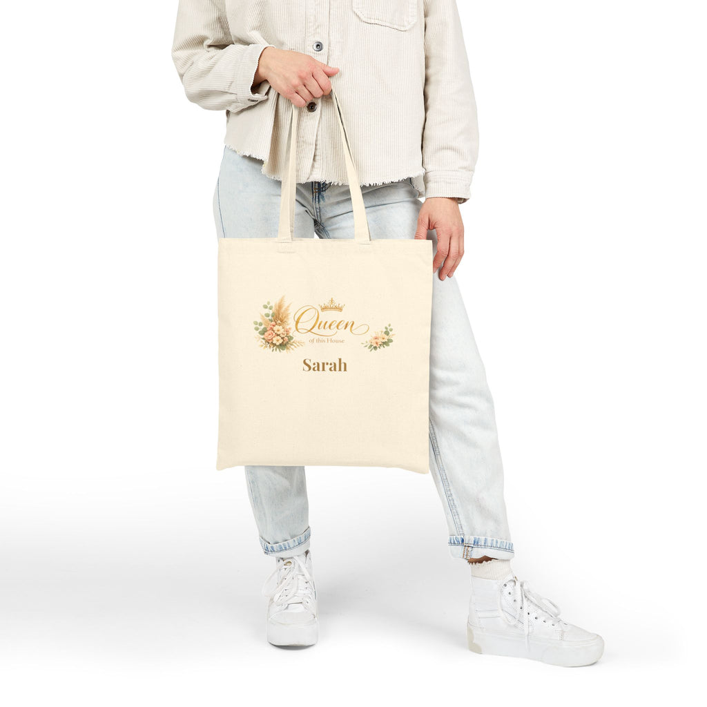 Queen of this House personalized tote bag size reference, 15 by 16 inches