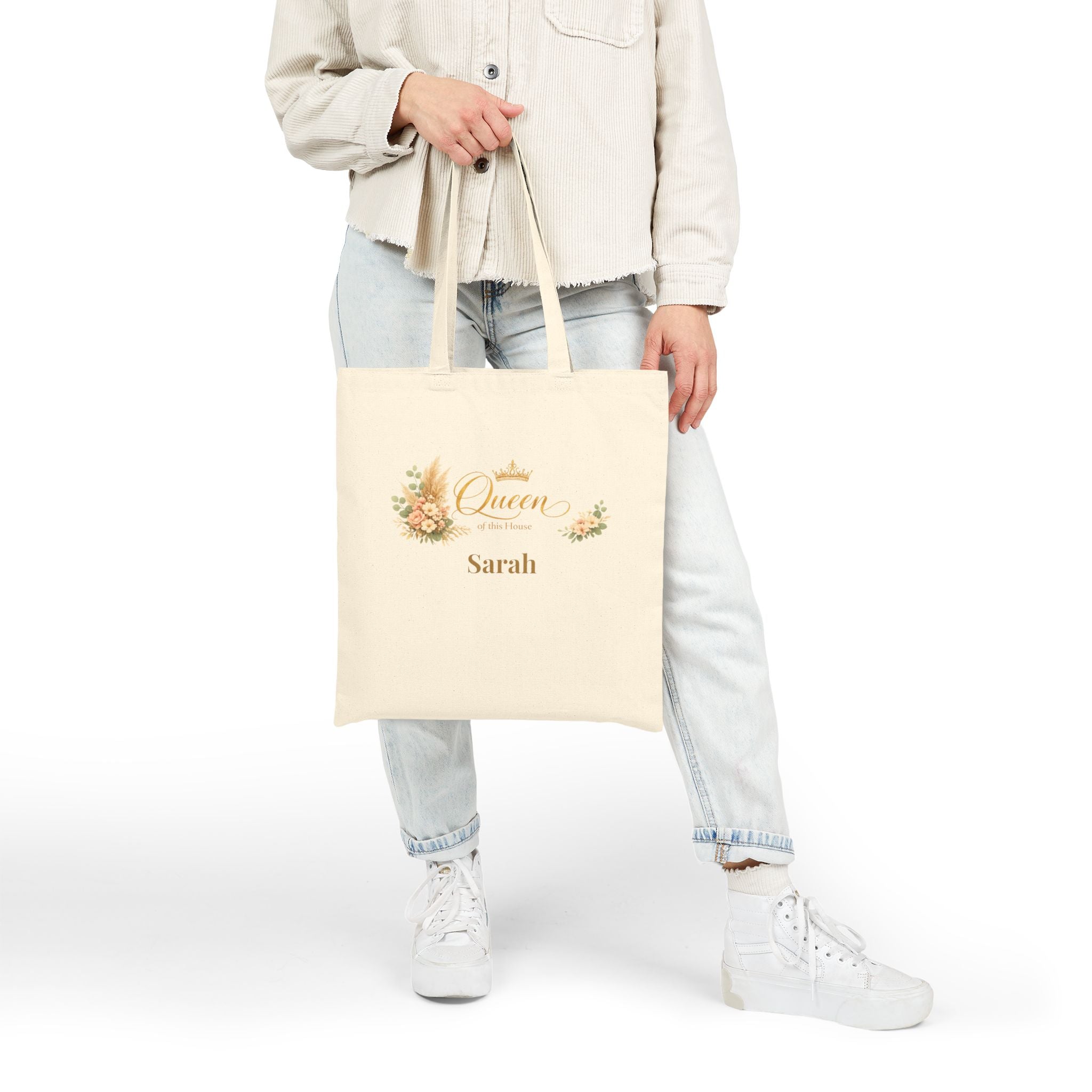 Queen of this House personalized tote bag size reference, 15 by 16 inches