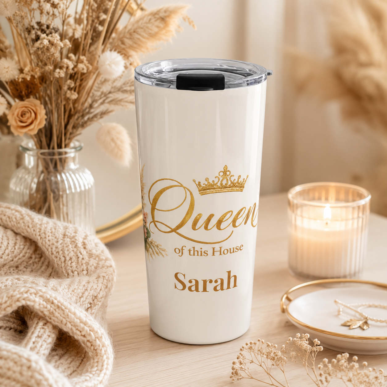Close-up of custom name personalization on Queen of This House tumbler