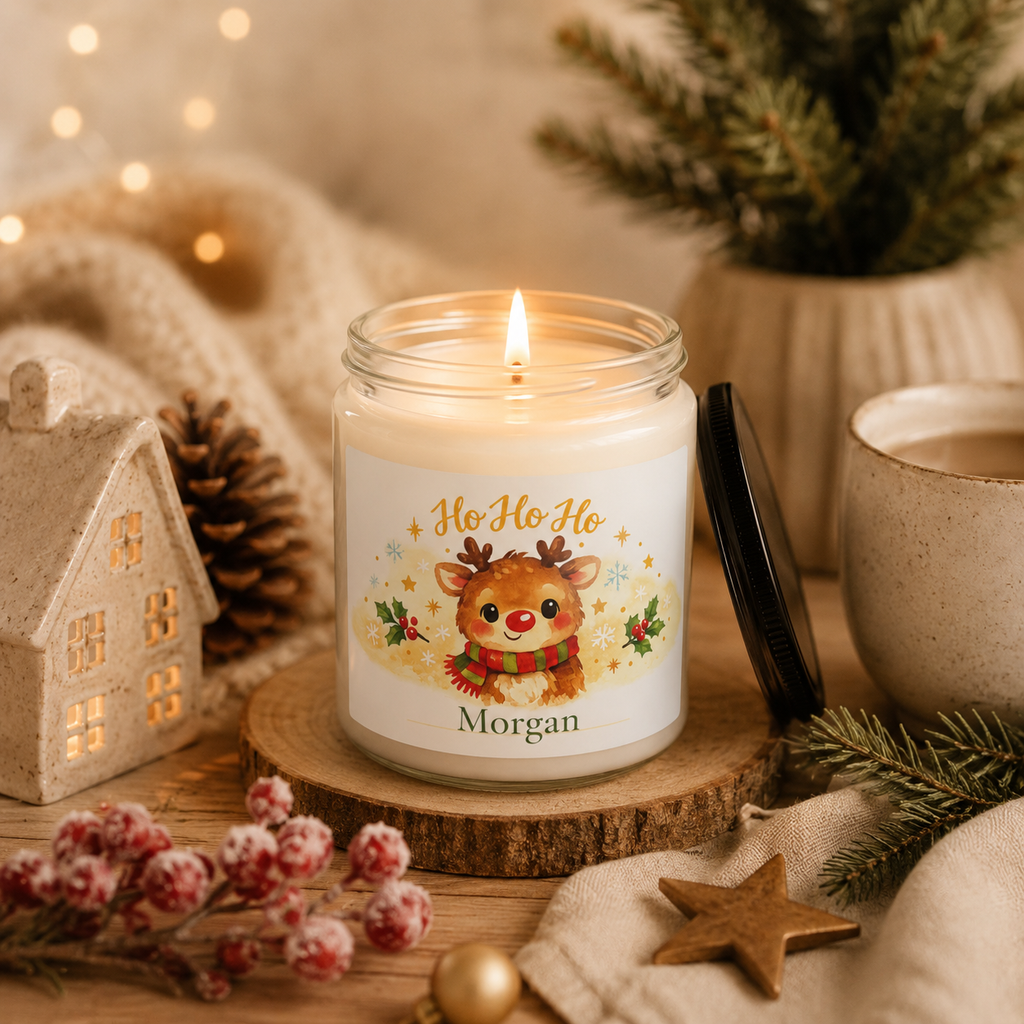 Personalized reindeer Christmas candle shown on a table as part of holiday decor