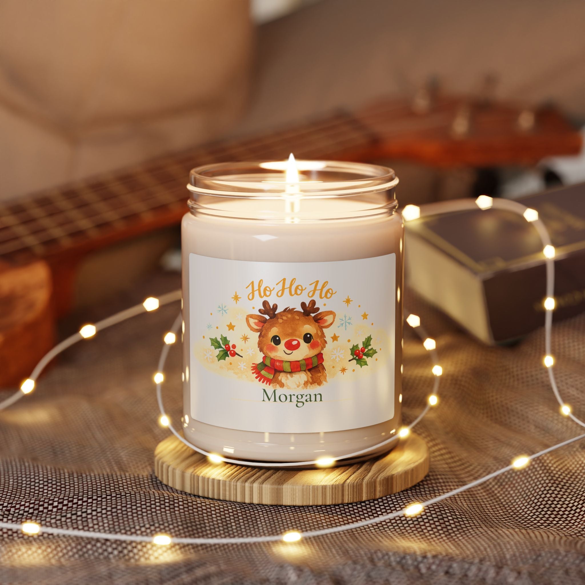 Personalized reindeer candle displayed in a cozy living room setting