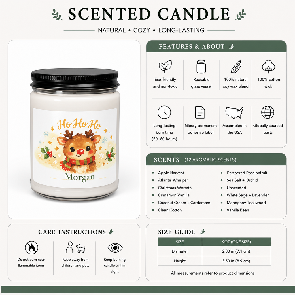 Personalized reindeer candle lit, showing the soft glow of the flame