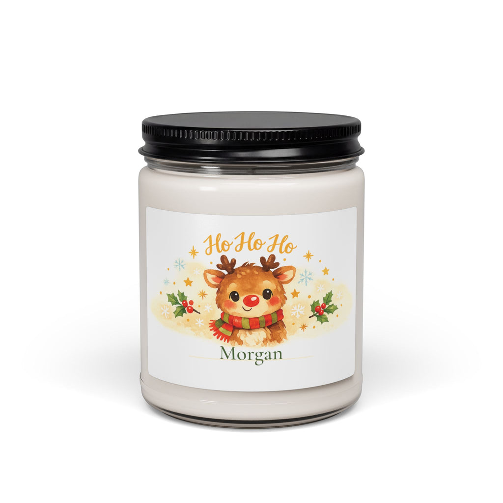 Personalized Ho Ho Ho reindeer soy candle with the name Morgan