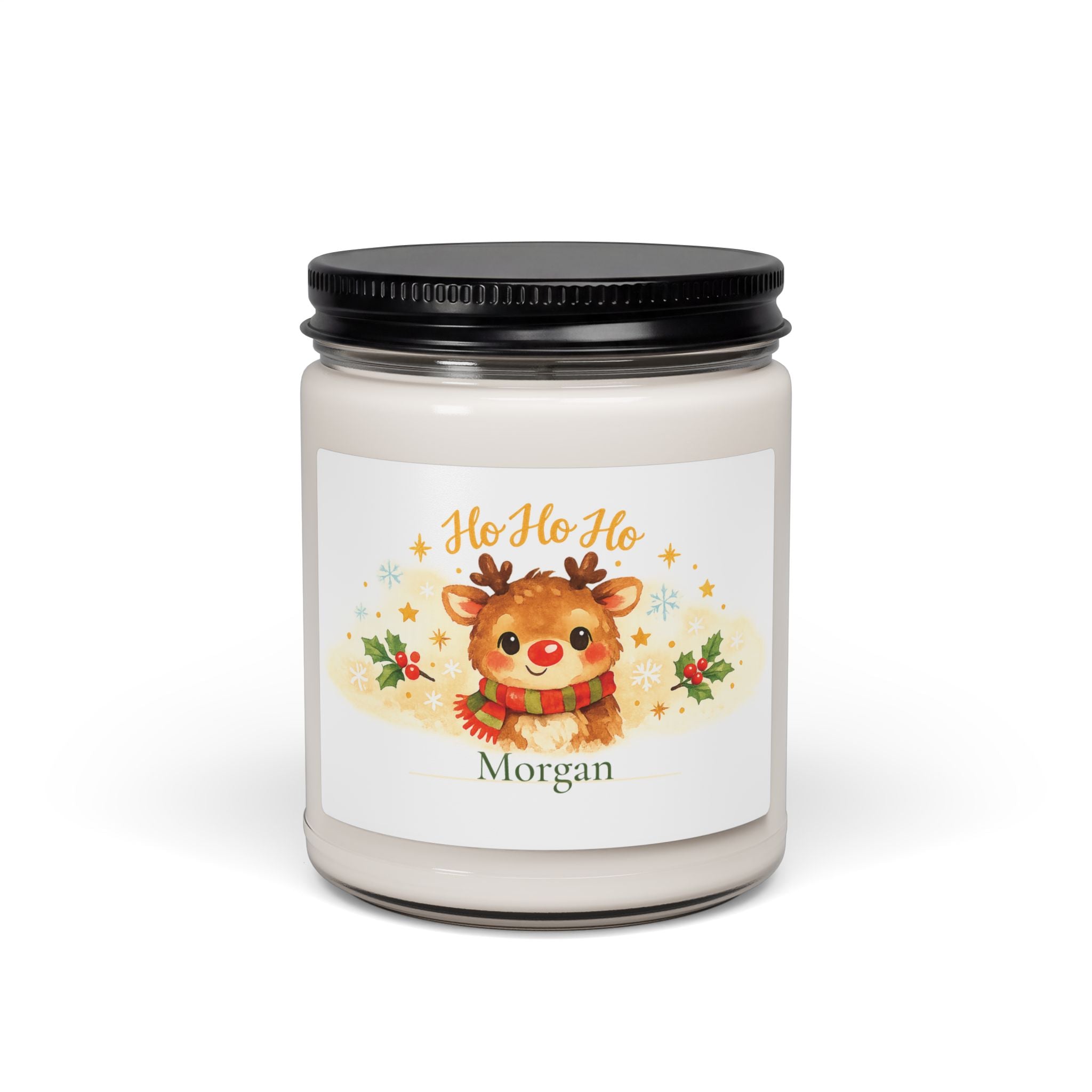 Personalized Ho Ho Ho reindeer soy candle with the name Morgan