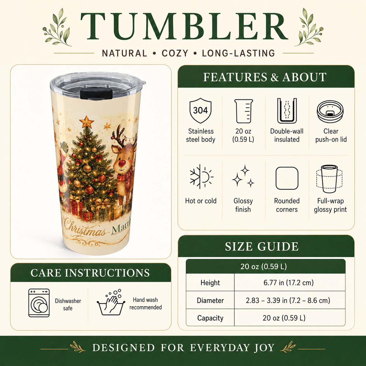 Back angle of Santa and reindeer Christmas tumbler design