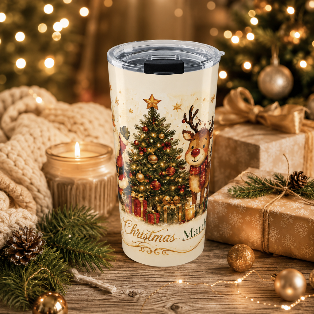 Close-up of custom name personalization on Santa and reindeer Christmas tumbler