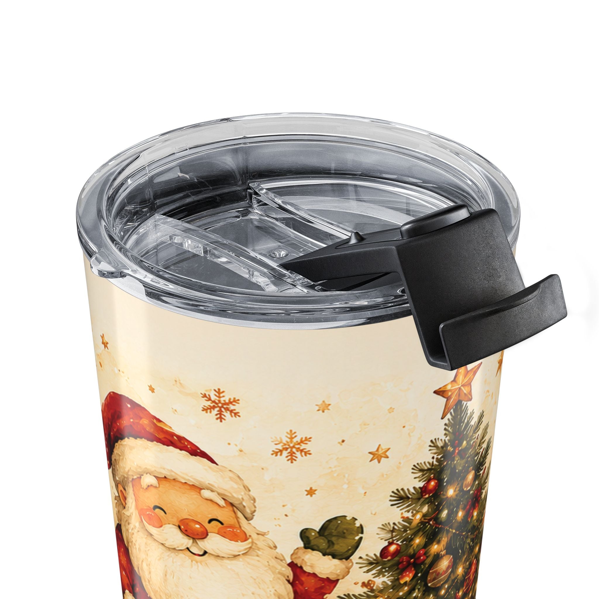 Santa and reindeer Christmas tumbler held in hand showing size and grip