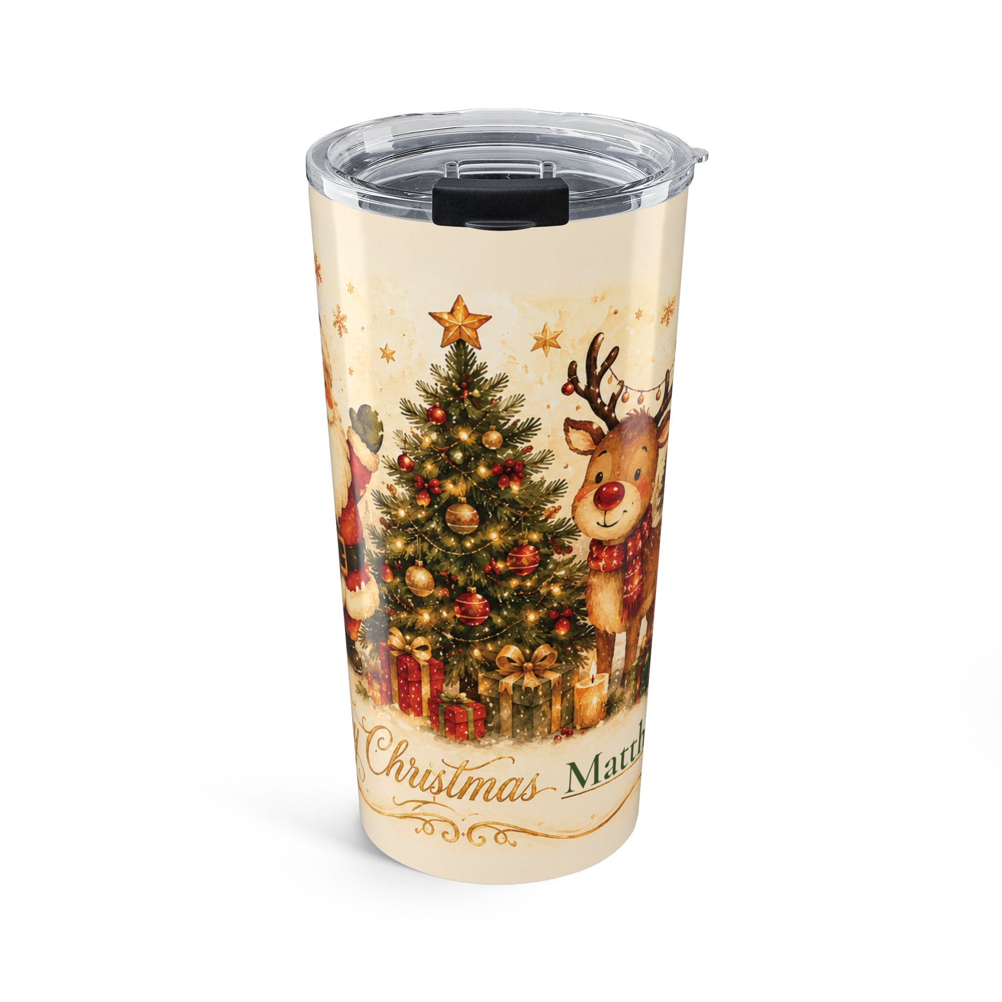 Personalized Santa and reindeer Christmas tumbler with custom name