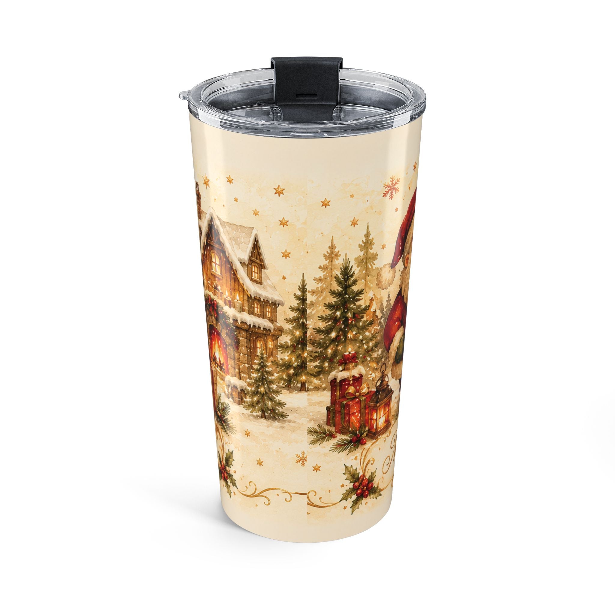20oz Santa and reindeer Christmas tumbler shown with clear push-on lid