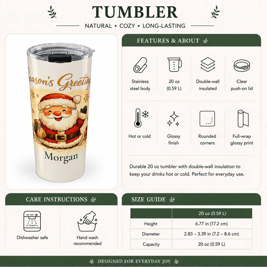 Back angle of Santa Season's Greetings tumbler design