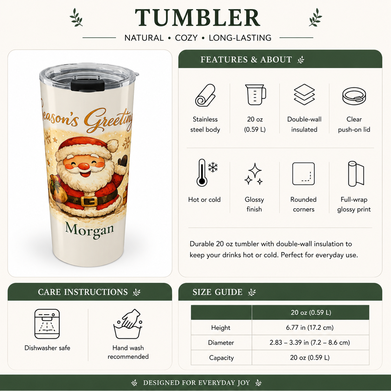 Back angle of Santa Season's Greetings tumbler design