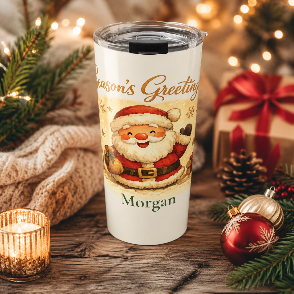 Close-up of custom name personalization on Santa Season's Greetings tumbler