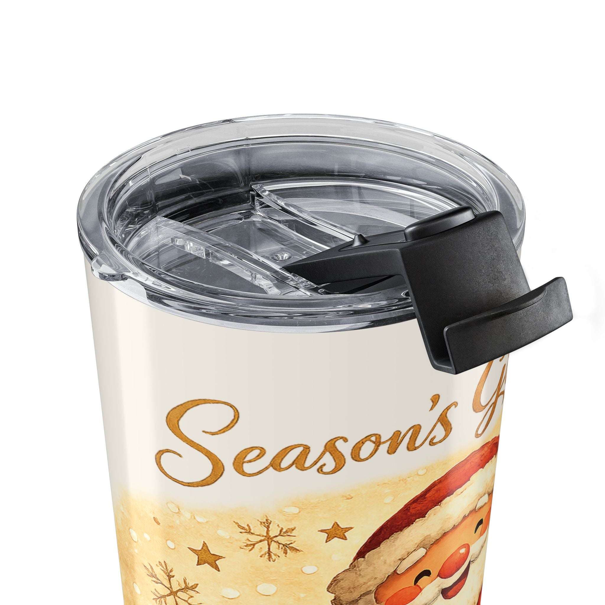 Santa Season's Greetings tumbler held in hand showing size and grip