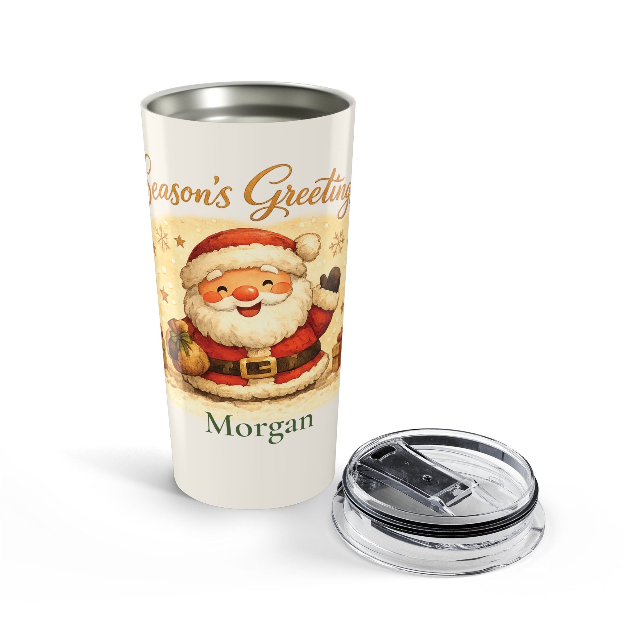 Santa Season's Greetings tumbler styled with holiday decor on a table