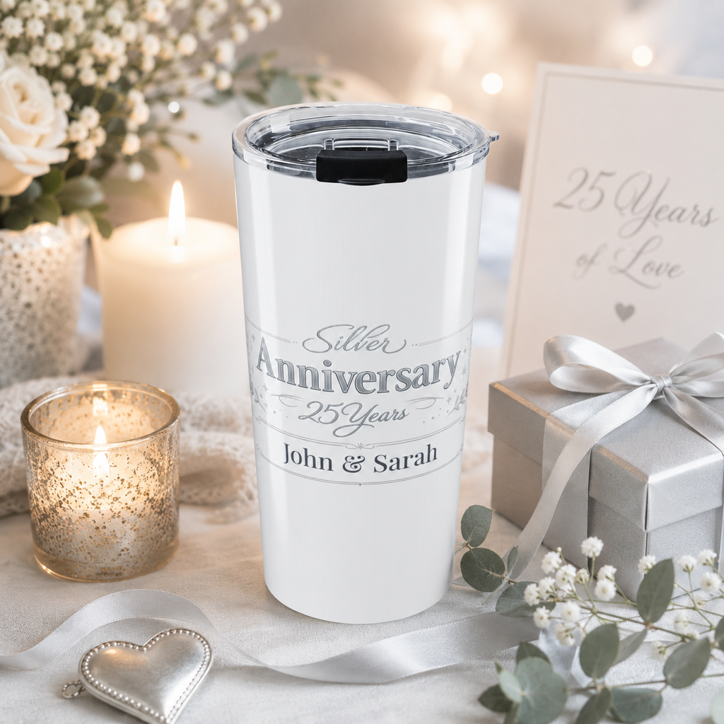 Close-up of custom name personalization on Silver Anniversary tumbler