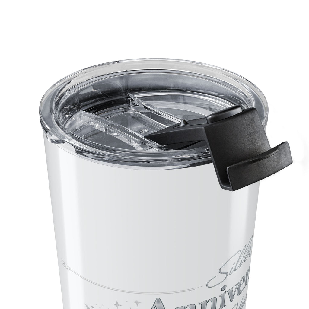 Silver Anniversary tumbler held in hand showing size and grip
