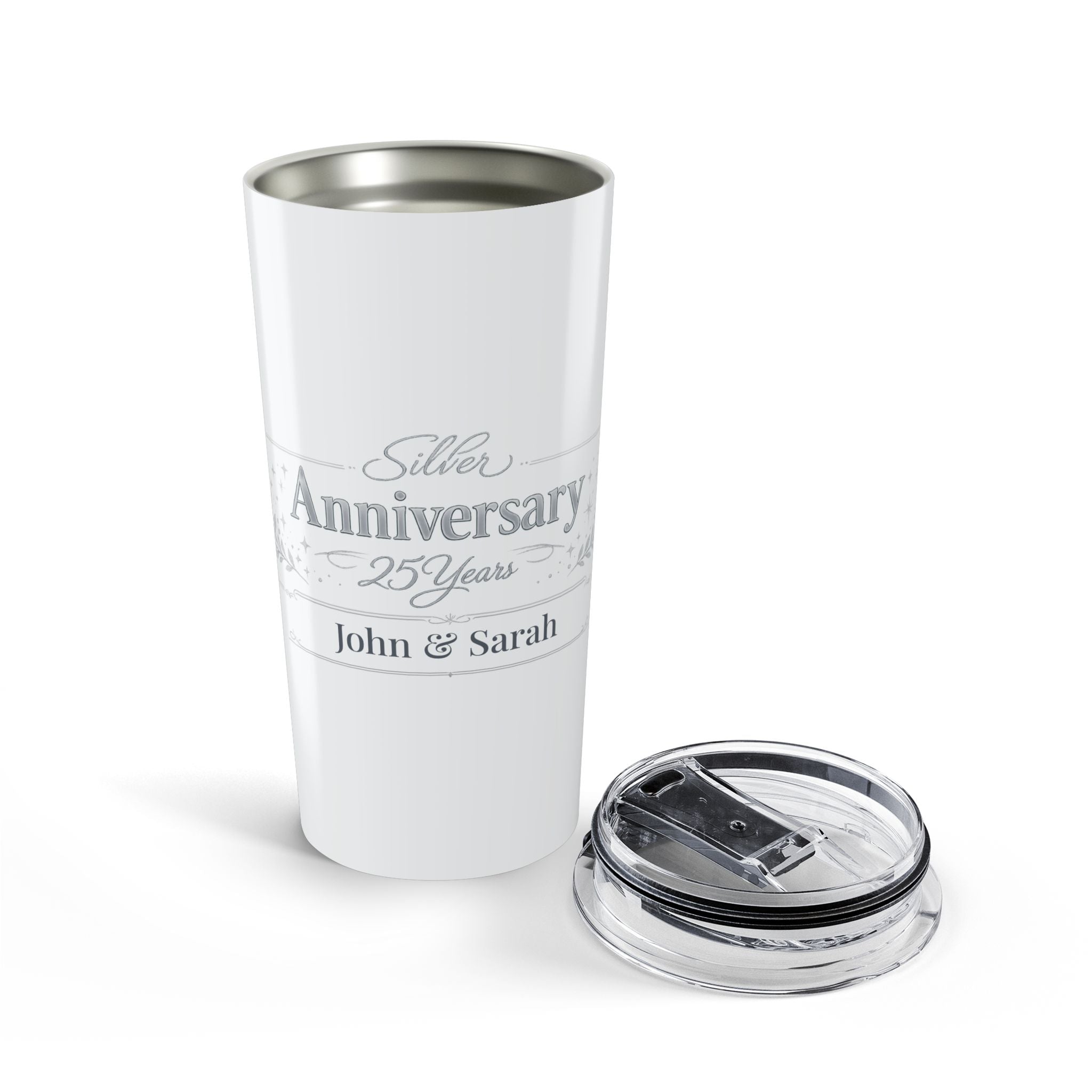 Silver Anniversary tumbler styled on a table
