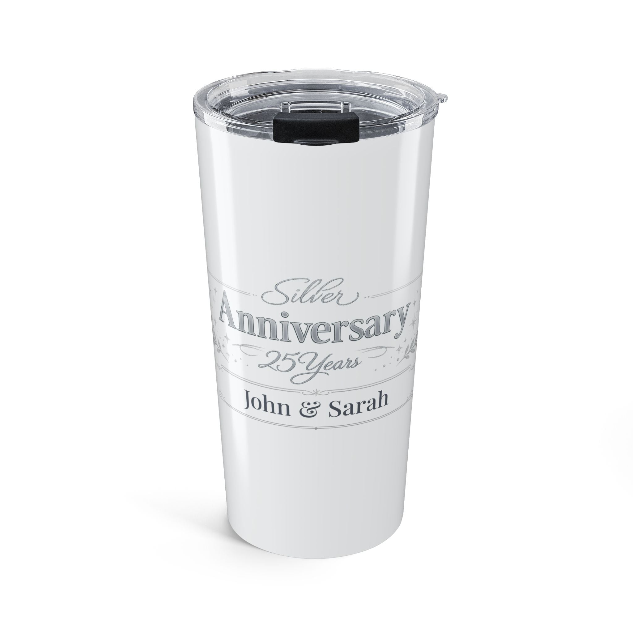 Personalized Silver Anniversary tumbler with custom names for 25 years