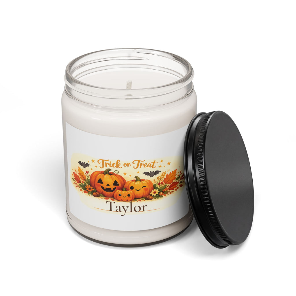 Close-up of the Trick or Treat candle label showing the custom name detail