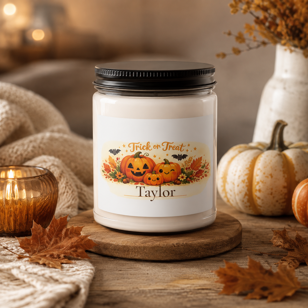 Personalized Trick or Treat candle shown on a table as part of fall home decor