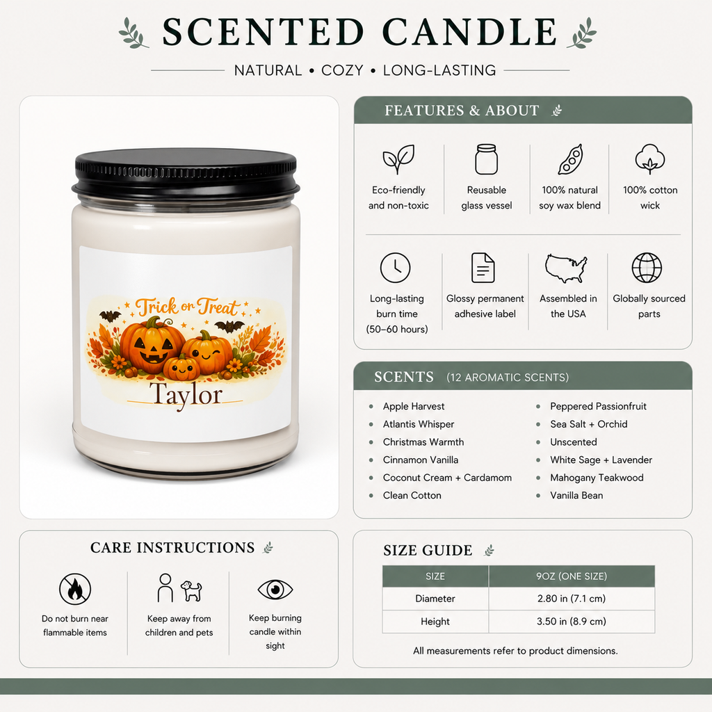 Personalized Trick or Treat candle lit, showing the soft glow of the flame