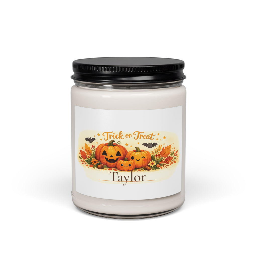 Personalized Trick or Treat soy candle with pumpkin design and the name Taylor