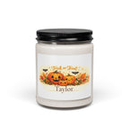 Personalized Trick or Treat soy candle with pumpkin design and the name Taylor