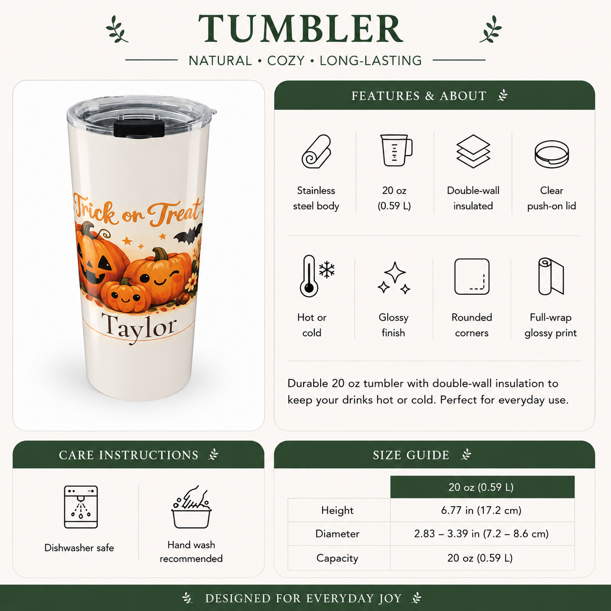Back angle of Trick or Treat pumpkin tumbler design