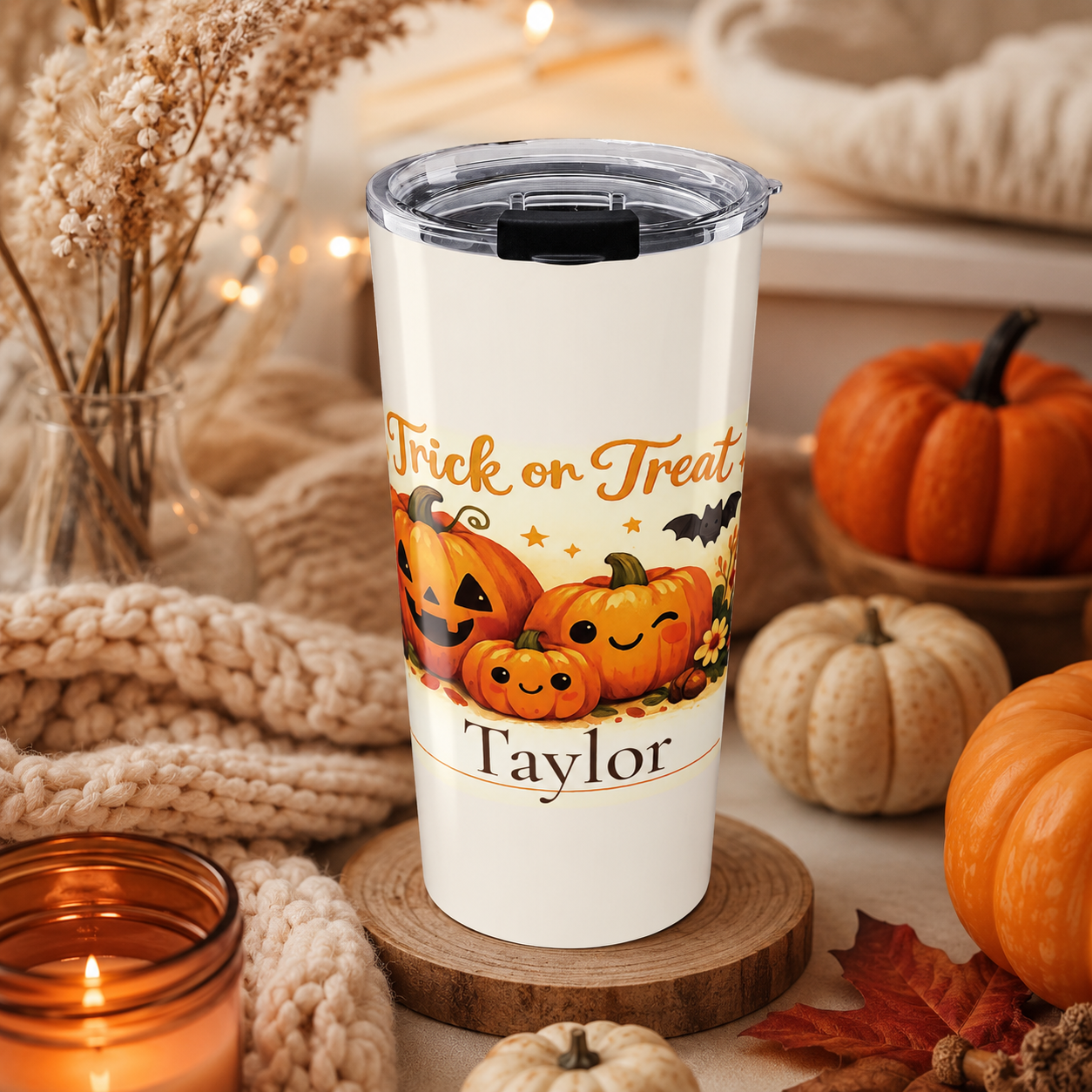 Close-up of custom name personalization on Trick or Treat pumpkin tumbler
