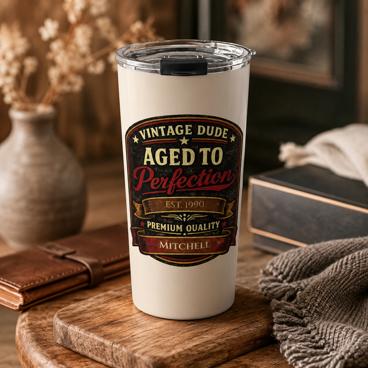 Close-up of custom name personalization on Vintage Dude tumbler