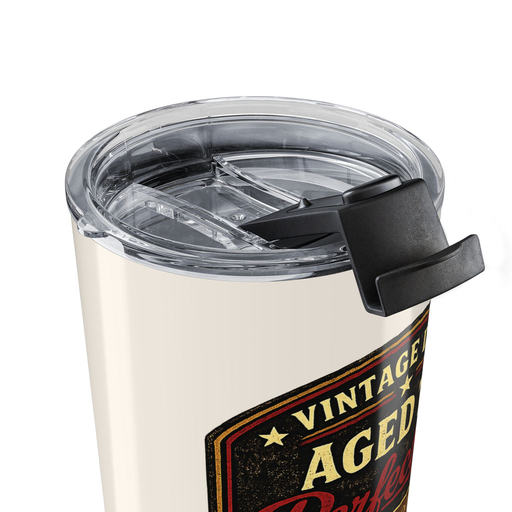 Vintage Dude tumbler held in hand showing size and grip