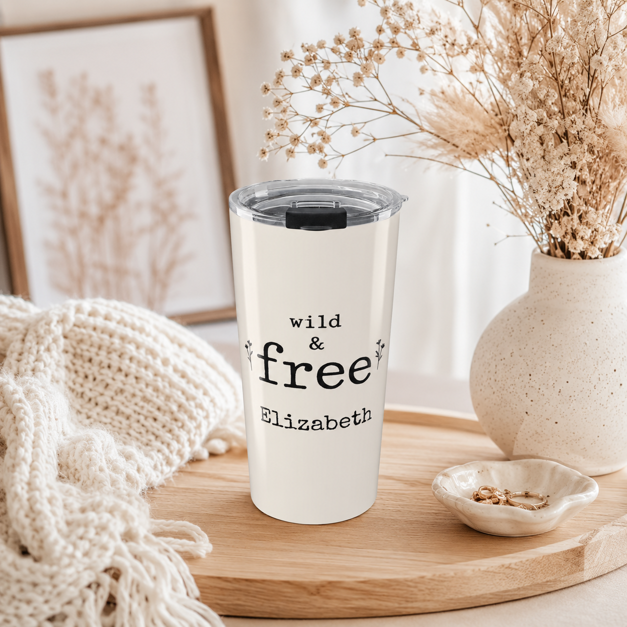 Close-up of custom name personalization on Wild & Free tumbler