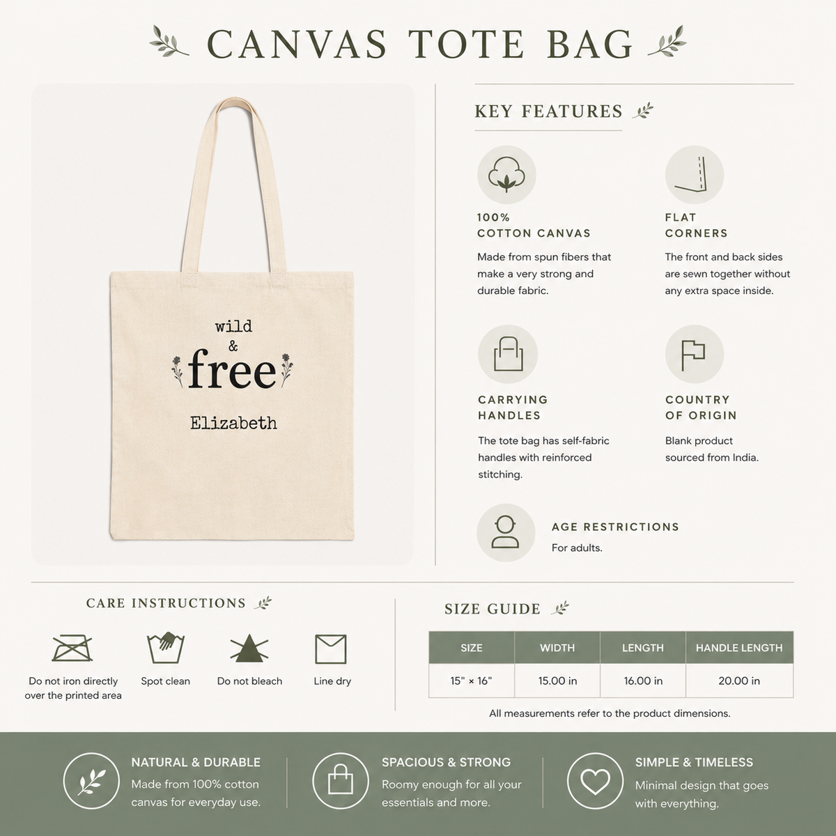 Wild and Free personalized tote bag folded flat lay