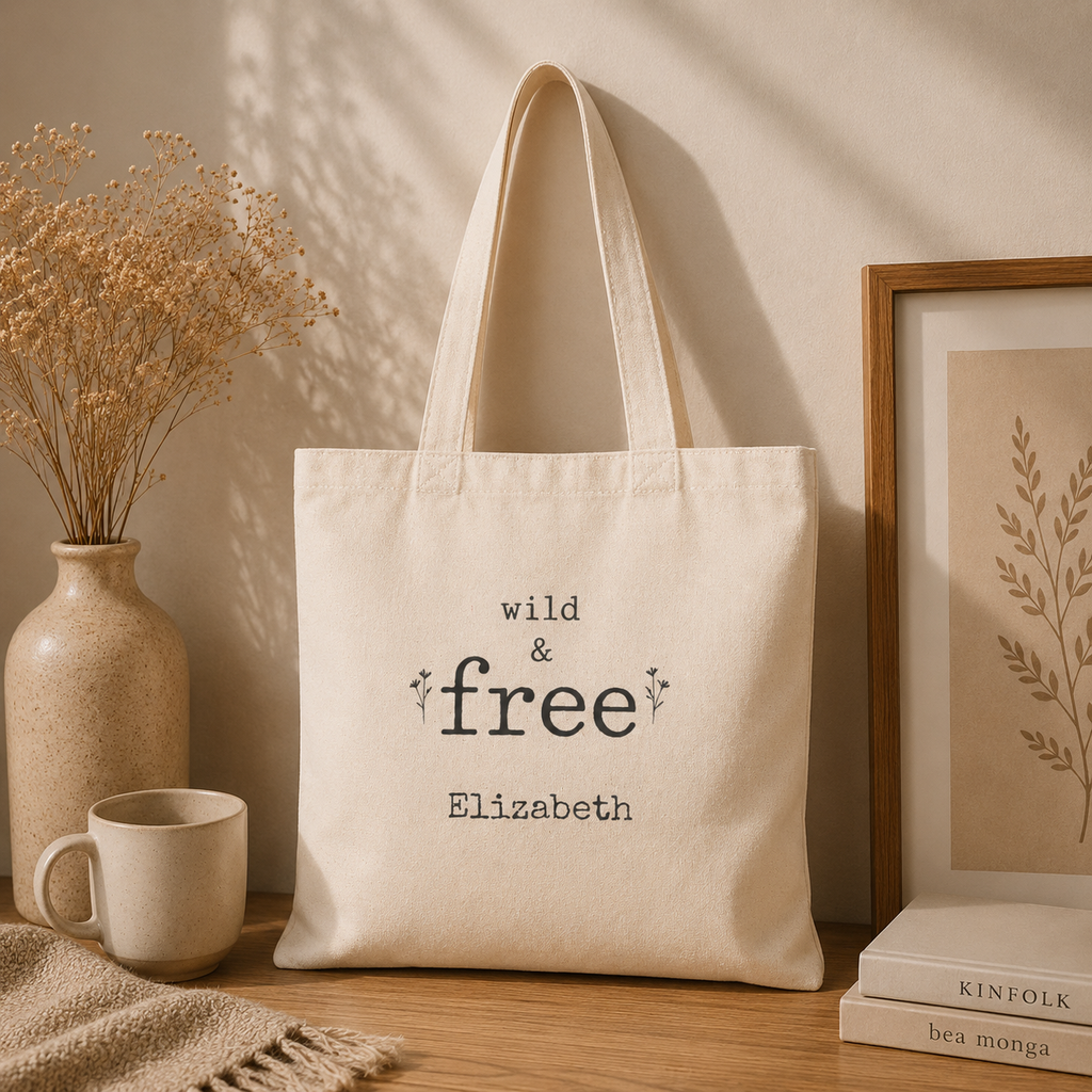 Wild and Free personalized tote bag carried over the shoulder, lifestyle shot