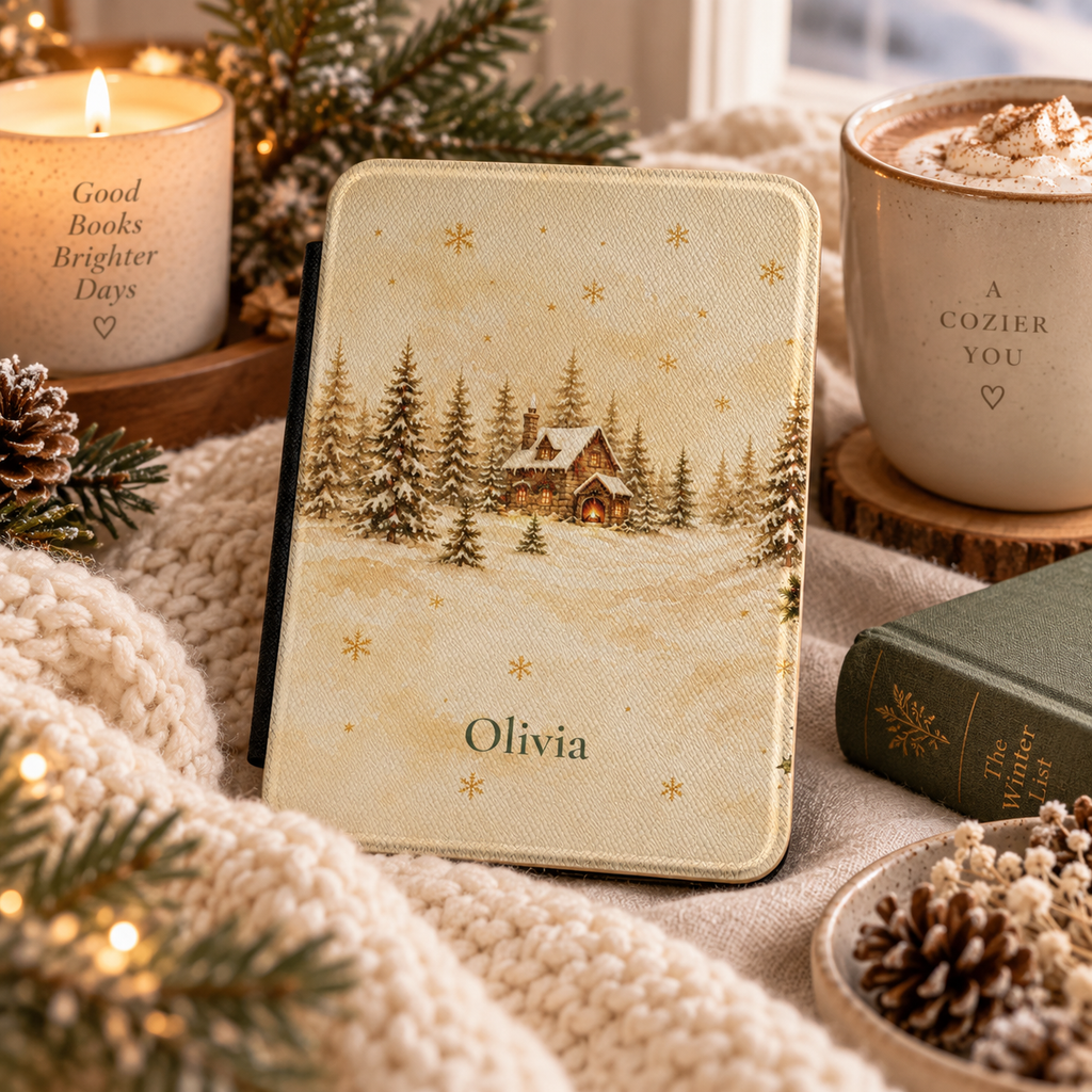 Close-up of the glowing cottage and pine forest illustration on the Kindle case