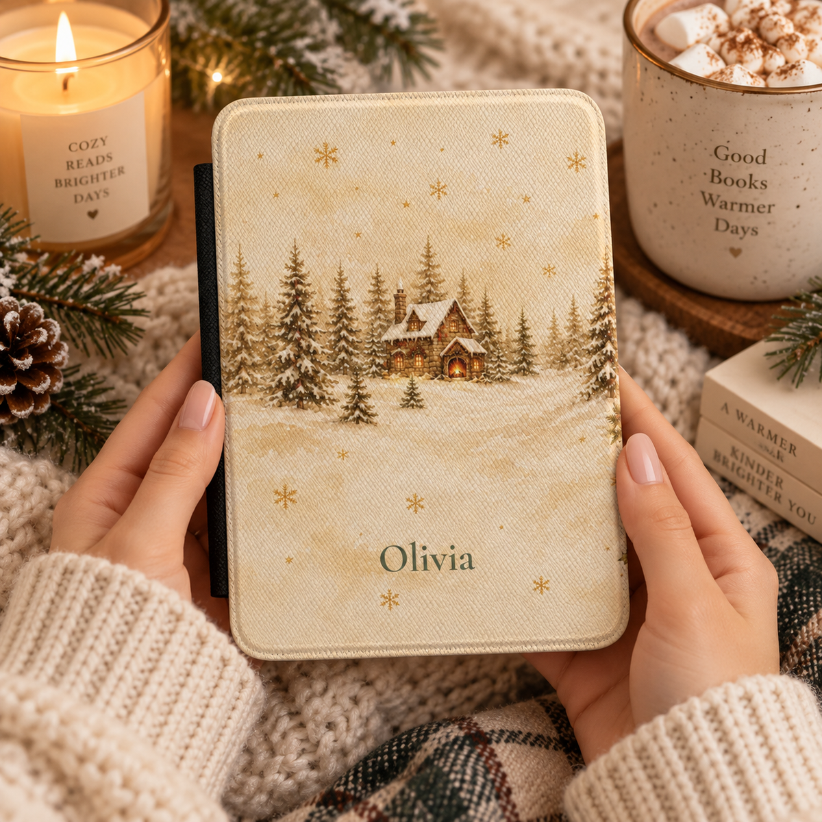 Personalized winter cottage Kindle case open showing soft fabric interior lining